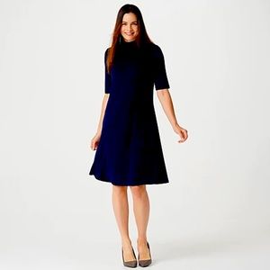 Susan Graver Liquid Knit Black Dress with mock neck, elbow sleeves  (Medium)